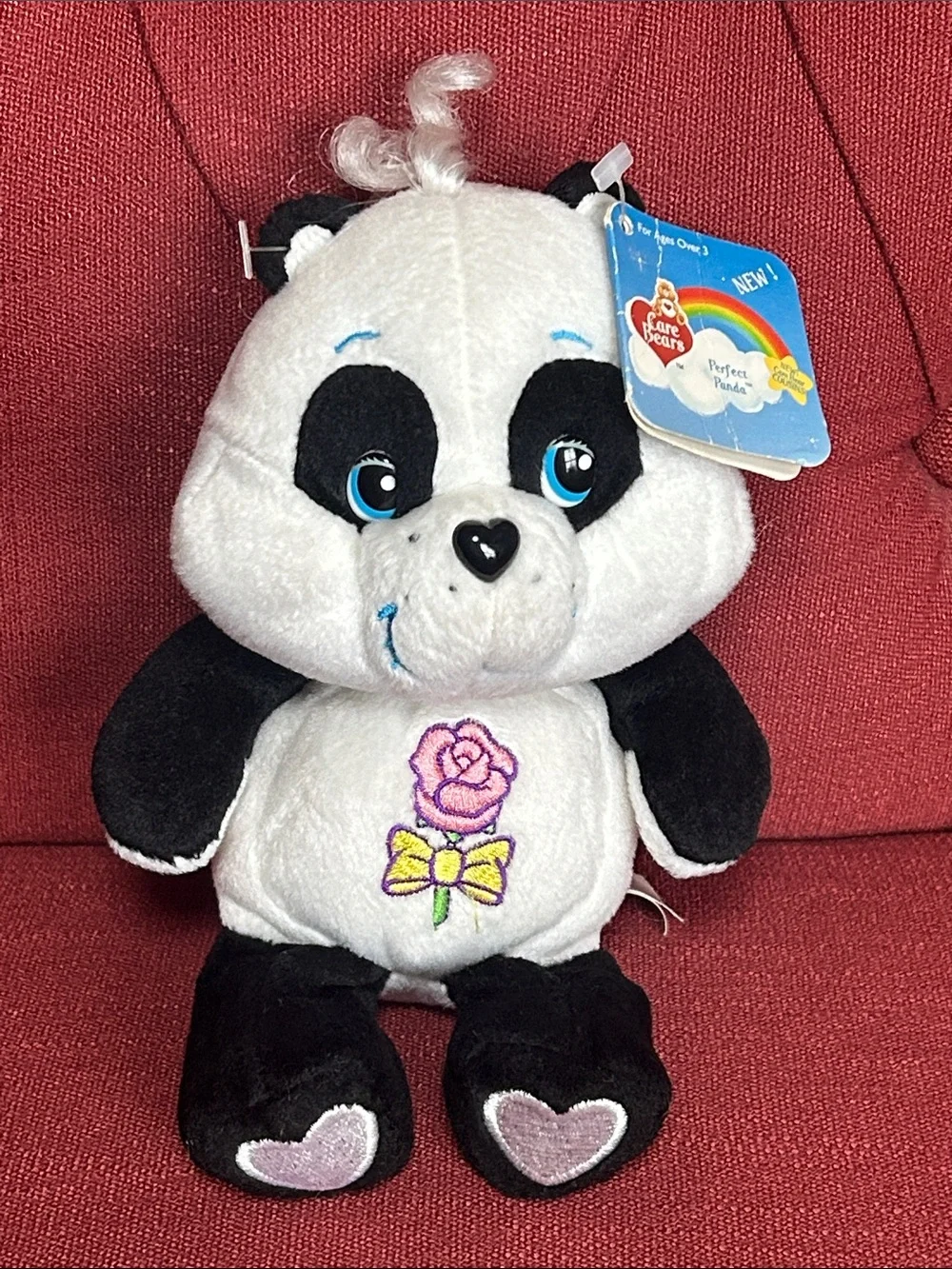 RARE Care Bears Cousin Polite Panda beanie White Black with Pink Rose Accent 8” - Picture 11 of 11